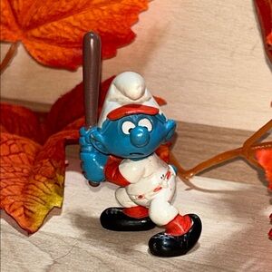 Smurfs Baseball Batter Smurf  Brown Bat Vintage Figure 1981 Portugal Peyo